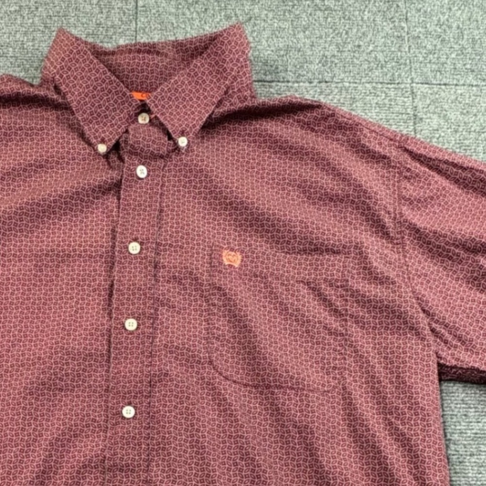 Cinch Mens XL Short Sleeve Western Button Down Shirt Maroon Geometric Cotton